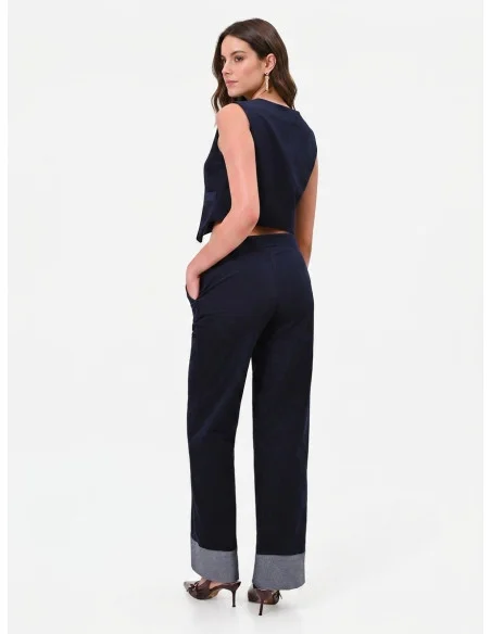 Wide-leg velour trousers with maxi denim cuffs by Rinascimento