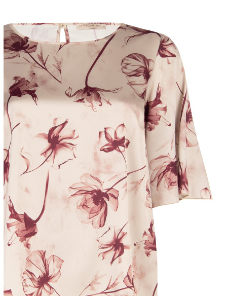 Curvy Satin Blouse with Large Blurred Floral Print and Winged Sleev...