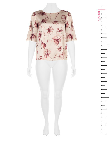Curvy Satin Blouse with Large Blurred Floral Print and Winged Sleev...