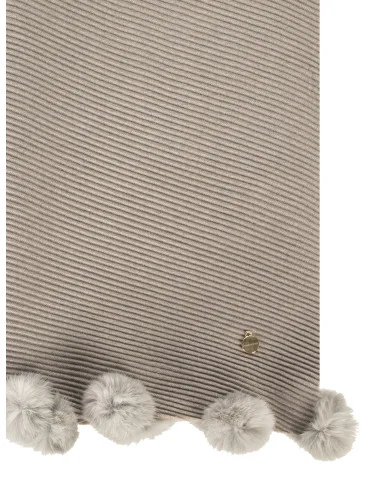 Viscose Blend Scarf with Diagonal Ribbing and Faux Fur Pom-Poms Rinascimento
