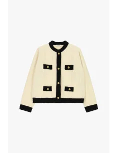 Dixie Short Cardigan with Geometric Pattern and Four Pockets
