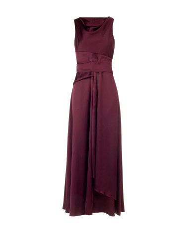 Long Satin Dress with a Wrap-Style Waist and Long Ruffles at the Fr...