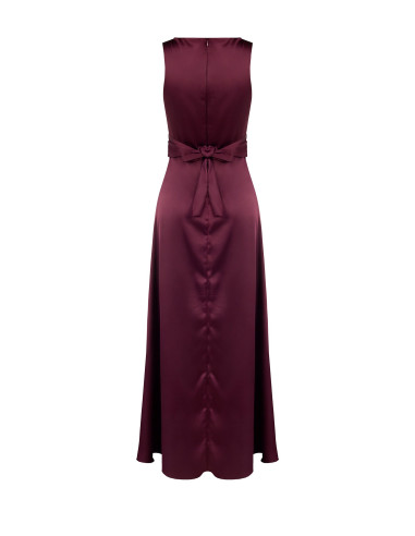Long Satin Dress with a Wrap-Style Waist and Long Ruffles at the Fr...