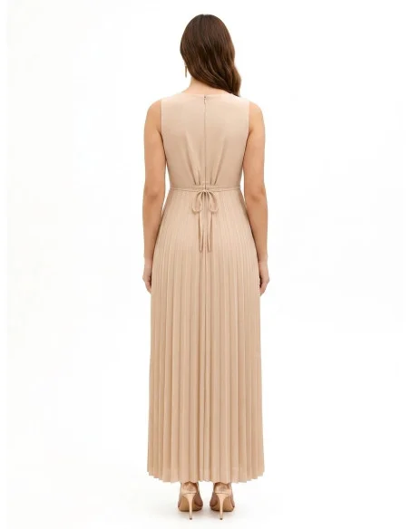 Long Pleated Georgette Dress with Thin Jewel Belt Rinascimento