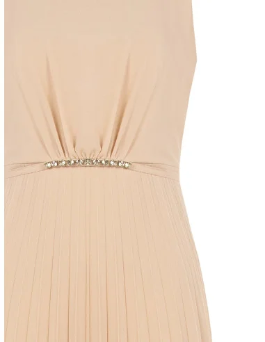 Long Pleated Georgette Dress with Thin Jewel Belt Rinascimento