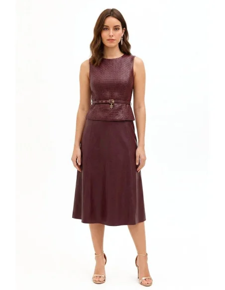 Robe midi en similicuir avec motif de carrés entrelacés et ceinture assortie Rinascimento