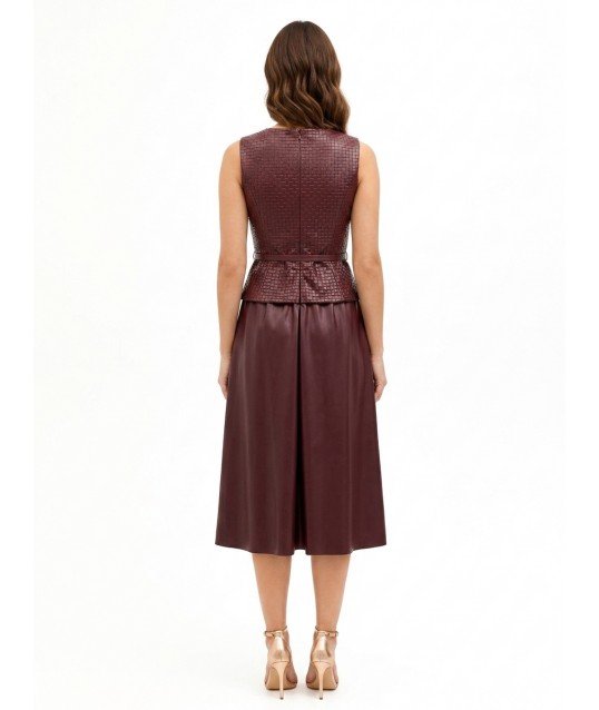 Robe midi en simili-cuir avec motif à carreaux entrelacés et ceinture assortie « Rinascimento »