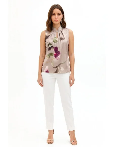 Flowy Satin Floral Top with Collar and Jewel Button Rinascimento