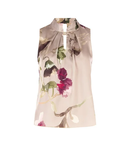 Top fluide en satin fleuri avec col et bouton bijou Rinascimento
