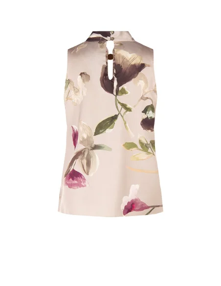 Top fluide en satin fleuri avec col et bouton bijou Rinascimento