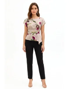 Rinascimento Floral Satin Fluid Blouse with Boat Neckline and Waist Gathering