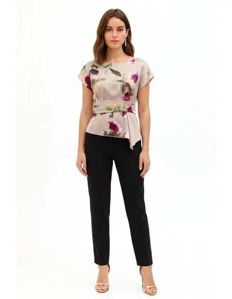 Rinascimento Floral Satin Fluid Blouse with Boat Neckline and Waist Gathering