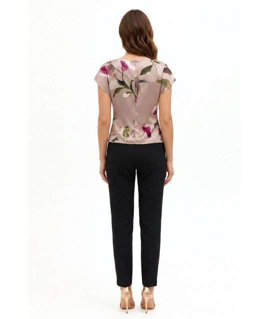 Blusa Fluida In Raso A Fiori Con Scollo A Barchetta E Arriccio In Vita Rinascimento