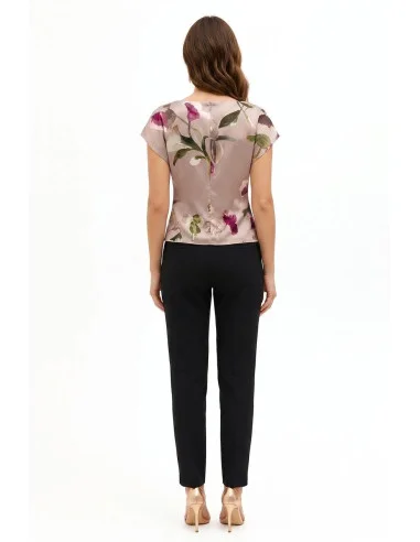 Blouse fluide en satin fleuri avec encolure bateau et fronces à la taille Rinascimento