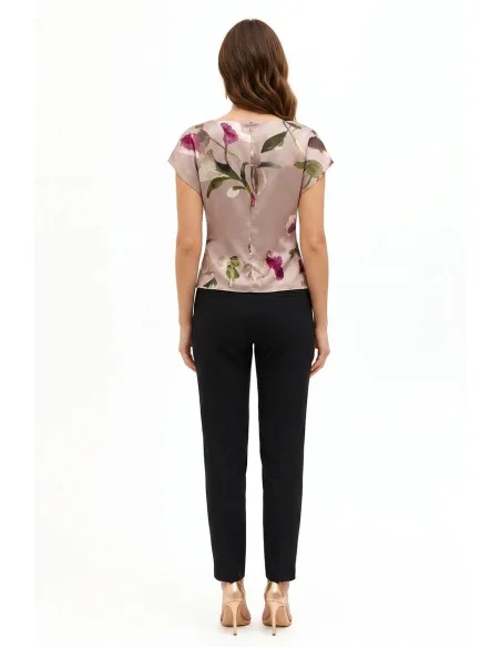 Blouse fluide en satin fleuri avec encolure bateau et fronces à la taille Rinascimento