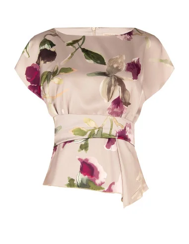 Blouse fluide en satin fleuri avec encolure bateau et fronces à la taille Rinascimento