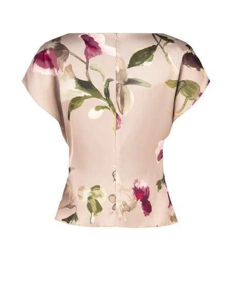 Blouse fluide en satin fleuri avec encolure bateau et fronces à la taille Rinascimento