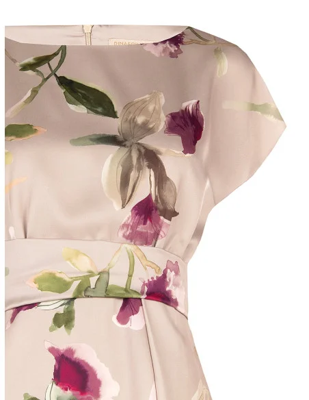 Blusa Fluida In Raso A Fiori Con Scollo A Barchetta E Arriccio In Vita Rinascimento