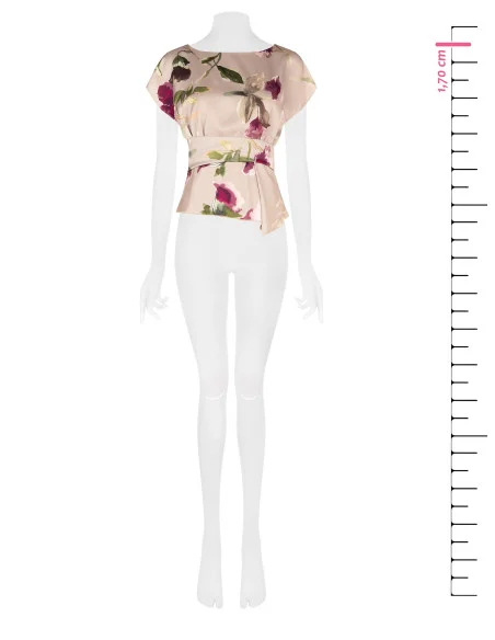 Blusa Fluida In Raso A Fiori Con Scollo A Barchetta E Arriccio In Vita Rinascimento