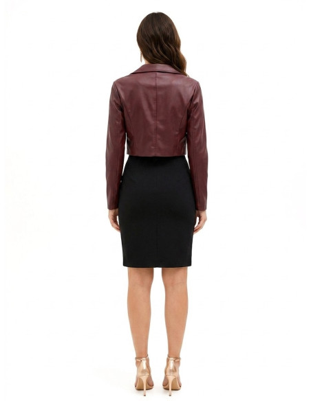 Cropped Faux Leather Jacket with Woven Checkered Texture and Shoulder Straps Rinascimento