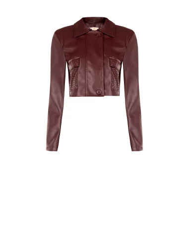 Cropped Faux Leather Jacket with Woven Checkered Texture and Shoulder Straps Rinascimento