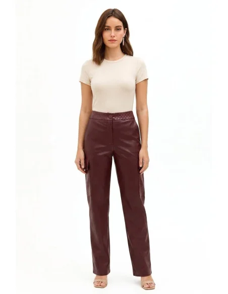 Straight-Leg Faux Leather Cargo Trousers with Woven Checkered Detailing Rinascimento