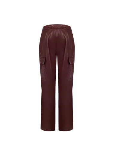 Straight-Leg Faux Leather Cargo Trousers with Woven Checkered Detailing Rinascimento