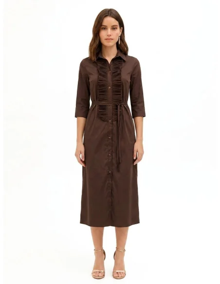 Long Cotton-Blend Shirt Dress with Ruffles and Matching Long Thin Belt Rinascimento