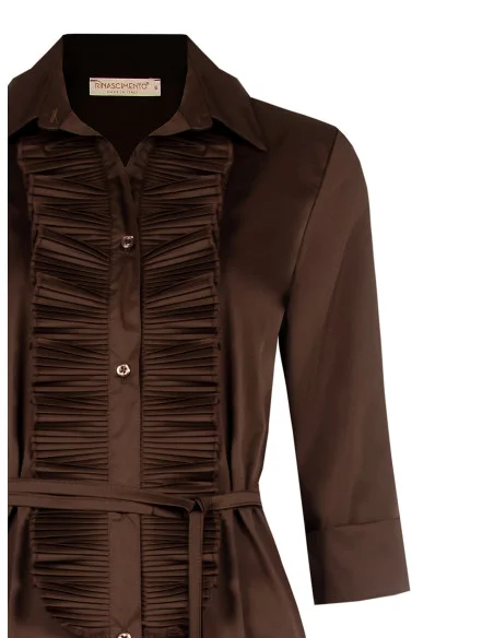 Long Cotton-Blend Shirt Dress with Ruffles and Matching Long Thin Belt Rinascimento