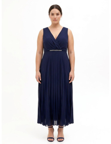 Long Curvy Dress in Pleated Georgette with Crystal Embellishments a...
