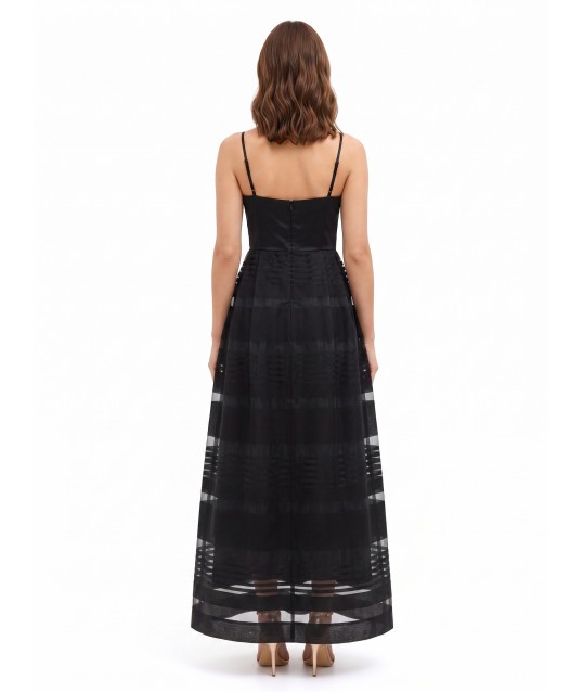 Long Balloon-Style Dress in Tulle with Sheer Stripes and a Rinascimento Satin Top