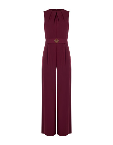 Cadi fabric jumpsuit with a pleated neckline, matching stiff belt a...