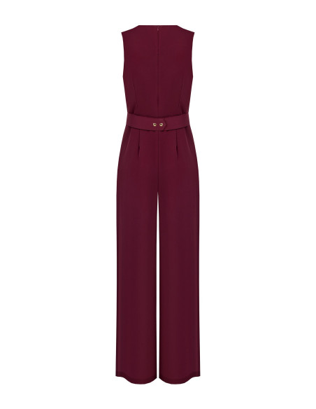 Cadi fabric jumpsuit with a pleated neckline, matching stiff belt a...