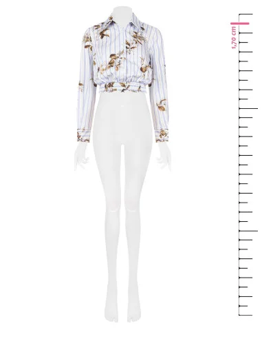 Cropped Balloon-Sleeve Cotton Blouse with Stripes and Flowers Rinascimento