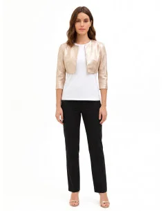 Bolero Shoulder Cover-Up in Laminated Faux Leather with a Slightly Distressed Effect and 3/4 Sleeves Rinascimento