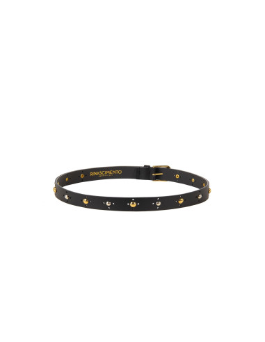 Cintura Sottile In Vera Pelle Liscia Con Piccole Borchie Oro E Argento Rinascimento