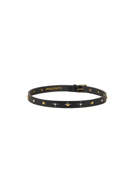 Slim Genuine Smooth Leather Belt with Small Gold and Silver Studs Rinascimento