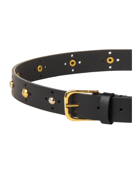 Slim Belt in Smooth Genuine Leather with Small Gold and Silver Stud...