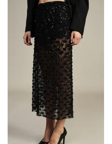 Dixie Embroidered Midi Skirt with Sheer Panels and a High Waist