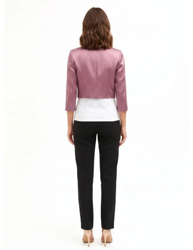 Crop-length open-front satin Spencer jacket with Rinascimento-style lapels