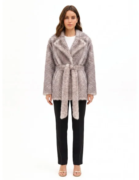 Cappotto Medio In Pelliccia Sintetica Motivo Chevron Con Cintura Coordinata Rinascimento