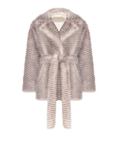 Medium-Length Faux Fur Coat with Chevron Pattern and Matching Belt by Rinascimento