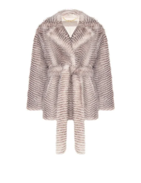 Medium-Length Faux Fur Coat with Chevron Pattern and Matching Belt by Rinascimento