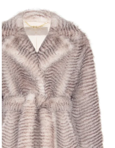 Medium-Length Faux Fur Coat with Chevron Pattern and Matching Belt by Rinascimento