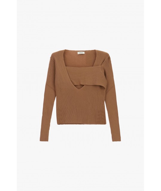 Dixie Ribbed Jumper with Asymmetrical Neckline and Layered Detail