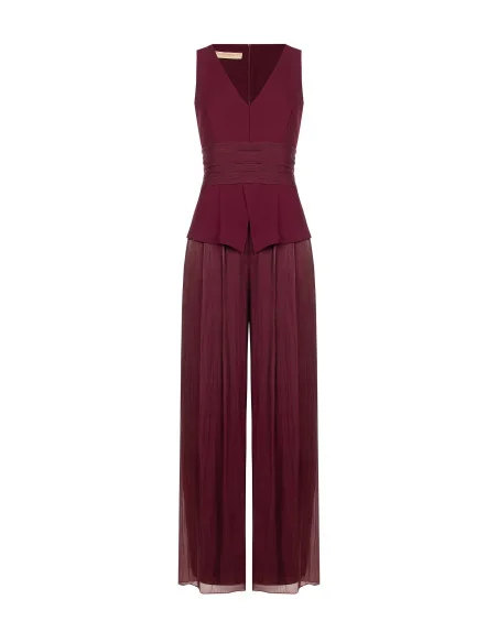 Palazzo-style jumpsuit in laminated satin with a bodice in flowing ‘Rinascimento’ fabric