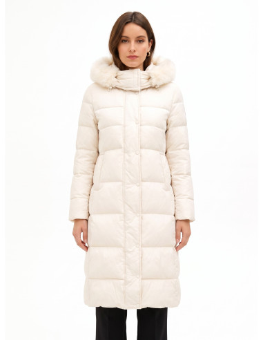 Rinascimento Long Down Jacket with Hood and Removable Faux Fur Trim