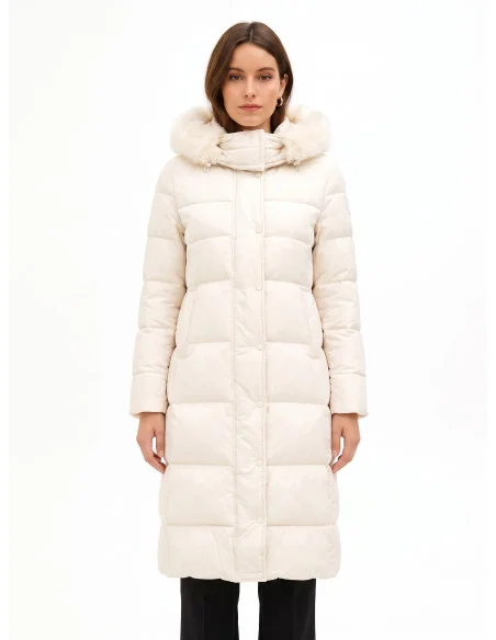 Rinascimento Long Down Jacket with Hood and Removable Faux Fur Trim