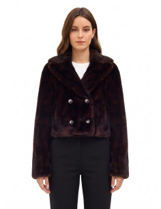 Double-breasted crop jacket in soft faux fur with a striped effect, featuring spotted trim and in-seam pockets – Rinascimento
