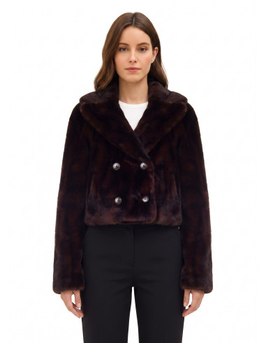 Veste courte à double boutonnage en fourrure synthétique douce à effet strié, avec surpiqûres tachetées et poches passepoilées